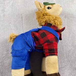 Plush llama in overalls & red plaid shirt farmhouse decor stuffed animal